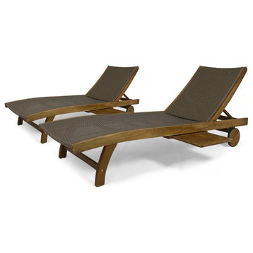 GDF Studio Kimberley Outdoor Chaise Lounge With Pull-Out Tray, Set of 2, Brown/Teak Finish