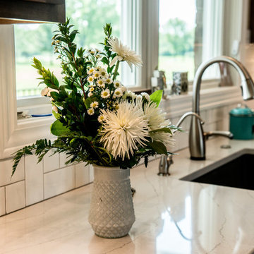 Transitional Kitchen in Grey with patterned floor