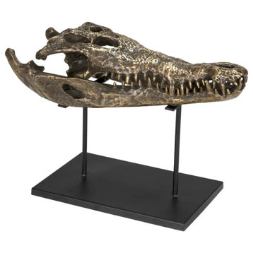 15 inch Alligator On Stand Antique Brass Sculpture