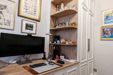 Home office solid oak desk with traditional raised and fielded doors.