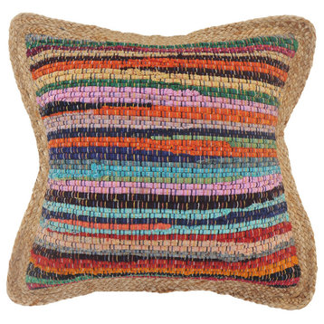 Bold Multicolored Chindi Jute Bordered Throw Pillow