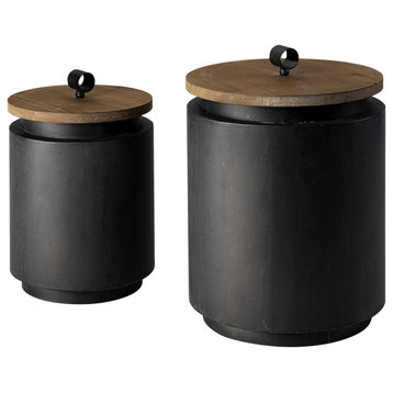 Set of Two Gray Metal Cannisters With Wooden Lids