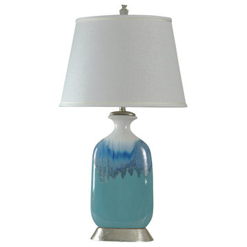Ceramic Table Lamp in Beach Cove Finish on a Silver Base White Fabric Shade