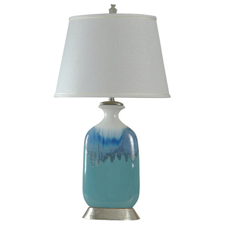 Ceramic Table Lamp in Beach Cove Finish on a Silver Base White Fabric Shade