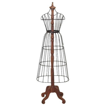 Tall Standing Antique Style Wood Iron Dress Form Floor Mannequin Wire Cage Woman