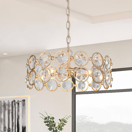 LALUZ 15-in 3-Light Matte Gold Modern Drum Crystal Chandelier