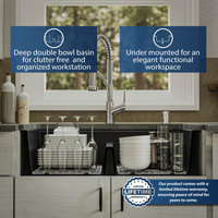 Karran Undermount 32.5 in. Double 50/50 Bowl Workstation Kitchen Sink, Black