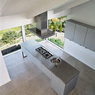 Contemporary kitchen pantry photos - Example of a trendy l-shaped concrete floor kitchen pantry design in Wellington with a single-bowl sink, gray cabinets, stainless steel countertops, stainless steel appliances and an island
