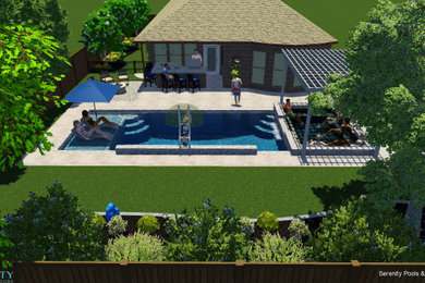 Modelo de piscinas y jacuzzis naturales modernos de tamaño medio rectangulares en patio trasero con adoquines de piedra natural