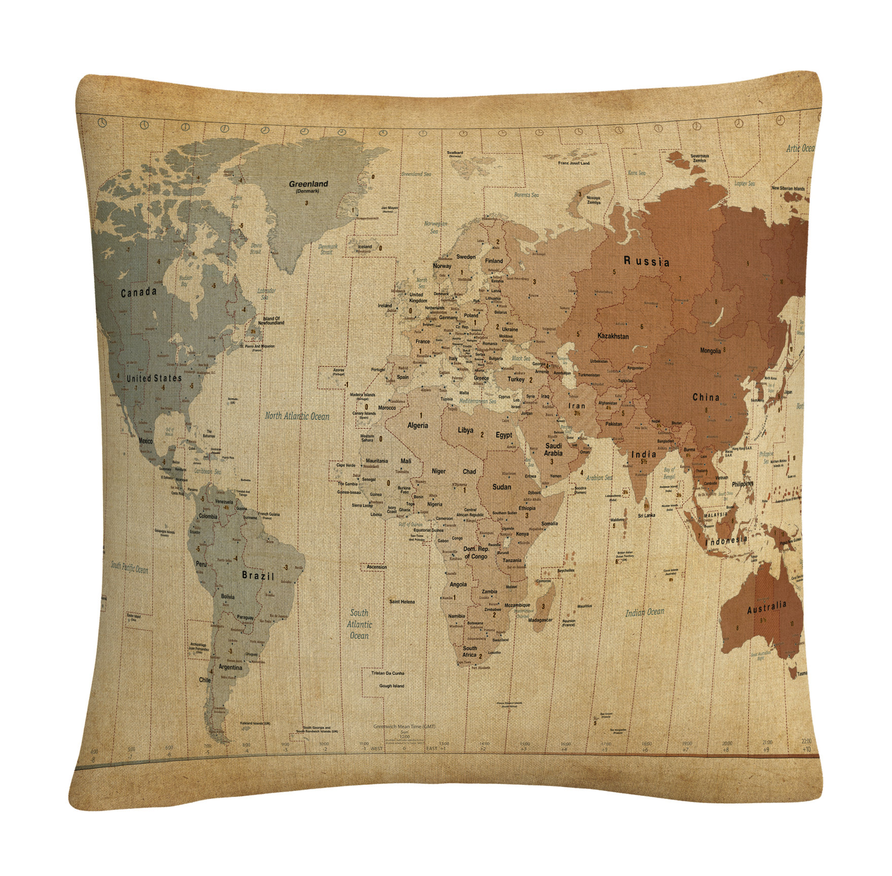 Michael Tompsett 'Time Zones Map of the World' Decorative Throw Pillow