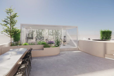 Idee per una grande terrazza contemporanea sul tetto e sul tetto con con illuminazione, una pergola e parapetto in materiali misti