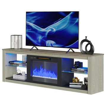 Modern TV Stand, Fireplace & Glass Shelves With RGB LED Lighting, Washed White