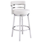 Armen Living - Madrid Contemporary 30" Bar Height Barstool in Brushed Stainless Steel Finish - Highly recommended for any commercial setting such as offices, schools, restaurants, training centers, and reception area. The Armen Living Madrid  armless barstool features a unique aesthetic that is certain to work well in any modern household. The Madrid’s durable brushed stainless steel frame is accompanied beautifully by its white faux leather seat and back. The upholstered low back is rounded, providing the user with exceptional support while the 360 degree swivel seat allows for enhanced mobility. The Madrid’s contemporary straight leg design endows the barstool with a chic quality that is further accented by the inclusion of a round footrest. The Madrid’s legs are tipped with floor protectors, assuring that the barstool will not slip on or scratch hardwood or tile floors.