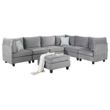 Simona Gray Velvet 7-Piece Modular Reversible Sectional Sofa Corner Couch