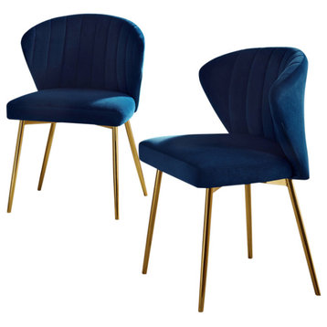 Milia Modern Audrey Velvet Dining Chair with Metal Legs Set of 2, Navy