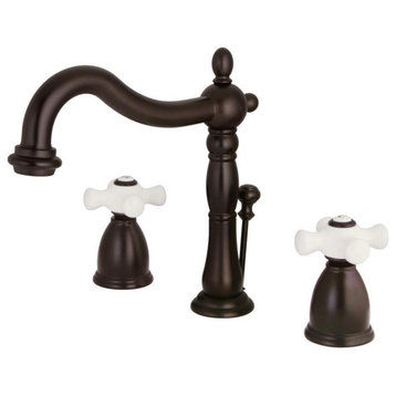 Classic Bathroom, Tall Curved Spout & Crossed White Handles, Oil Rubbed Bronze