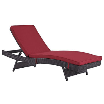Patio Chaise Lounge, Espresso Wicker Frame and Adjustable Padded Seat, Red