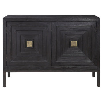 Geometric Dark Wood Squares Accent Cabinet Walnut Gold Brass Console Table