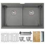 Stylish - STYLISH 32"Graphite Black Workstation Double Bowl Undermount Kitchen Sink - This kitchen sink workstation combines the best of both worlds: a stainless steel double bowl kitchen sink with a slim and low divider for convenient space usage, and a functional ledge sink with built-in accessories (colander, roll-up drying rack and cutting board) that slides on the integrated tracks of the sink to streamline meal prep and clean up without losing space on your countertop. This Workstation is handcrafted and made with T304 stainless steel 16 Gauge which is the thickest in the market and features Stylish FacilKlean technology that not only make this sink a modern graphite black color but also makes sink very easy to clean and highly scratch resistant, this dark color is perfect to hide water marks, this workstation kitchen sink can resist rust, corrosion, heat, scratches and helps to ward off microbes. This workstation sink includes multiple useful accessories: One stainless-steel COLANDER that you can be used for straining, draining, sieving, and filtering tasks like straining fruits, vegetables and draining cooked pasta. the CUTTING BOARD made of high-quality anti-microbial, and BPA free bamboo will make it easy to chop any food, cut fruits and veggies over the sink. This ledge kitchen sink also includes a DRYING RACK convenient for drying or rinsing vegetables, fruits, dishware, knife, glasses, and cups, it is also heat resistant and easy to roll and stow.