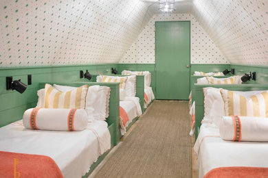 Inspiration for a huge coastal guest light wood floor bedroom remodel in Miami with green walls and no fireplace
