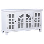 StyleCraft - Vermont Sideboard White Wood Cabinet With 4 Doors With Glass - Picture a fresh, bright farmhouse. This Vermont Sideboard Wood Cabinet is painted white and distressed along the edges to mimic the rustic style. Four doors feature windowpanes and a unique arch shape design. Place this white wooden cabinet in a farmhouse or rustic-inspired room.