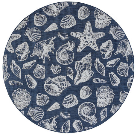 Sanibel Novelty Coastal Navy/Cream Round Indoor/Outdoor Area Rug, 8'