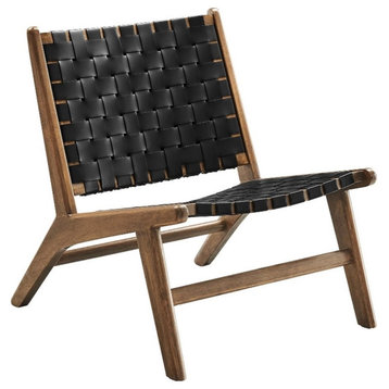 Modway Saoirse Woven Leather & Wood Accent Lounge Chair in Black and Walnut