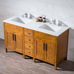 59 inch Transitional Brown Finish Double Bathroom Vanity - Bathroom Vanities And Sink Consoles