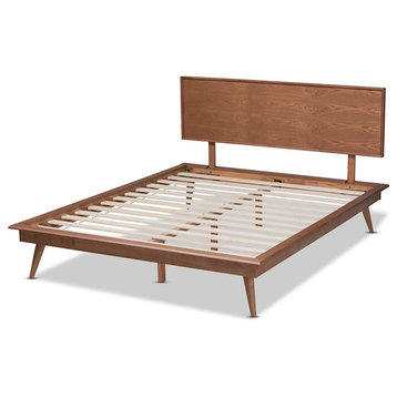 Queen Platform Bed, Angled Legs With Slat Support & Panel Headboard, Ash Walnut
