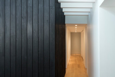 Inspiration for a large contemporary light wood floor hallway remodel in Austin