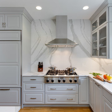 Gray Transitional Kitchen With Full-Height Backsplash