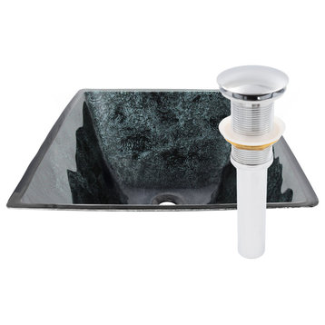 Novatto Corvo Black & Silver Hand-Foiled Square Glass Vessel Bath Sink and Drain, Chrome