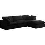 Meridian Furniture - Plush Velvet / Down Standard Comfort L-Shaped Modular Sectional, Black, 4-Piece: 1 Armless Chair, 2 Corner Chair, 1 Ottoman - No matter how big or little the size of your gang, they can all find their sweet spot when you choose pieces from the Plush collection to build your ideal seating group. Choose this four-piece set or pair multiple pieces together to get the custom look everyone will love. The soft black velvet material is soft and welcoming to the touch, and the set's cushions are overstuffed with a down and feather blend to provide ample support for tired bodies.