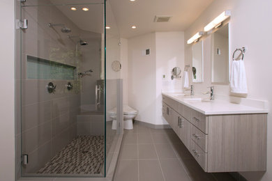 Master bathroom in DC Metro with a double shower and white walls.