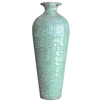 Home Decor Geometric Pattern Metal Floor Vase with Glass Mosaic in Mint Green