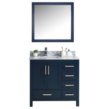 36 Inch Modern Navy Blue Bathroom Vanity, Left Side Offset Sink, Marble, Mirror
