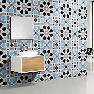 8"x8" Azilal Handmade Cement Tile, Sky Blue/Black/Gray, Set of 12