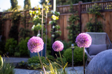 Imagen de jardín contemporáneo pequeño en primavera en patio trasero con exposición parcial al sol y adoquines de piedra natural
