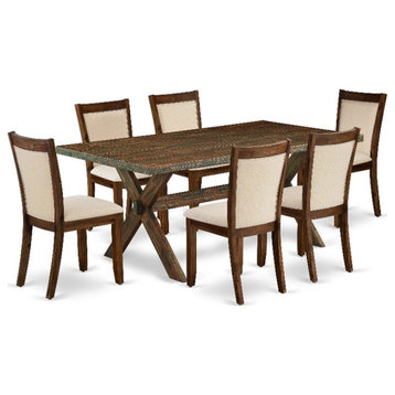 X777MZN32-7 - Wood Table and 6 Light Beige Chairs - Distressed Jacobean Finish