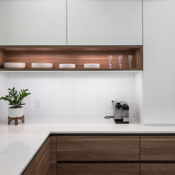Wood Shelves add Interest to White Kitchen