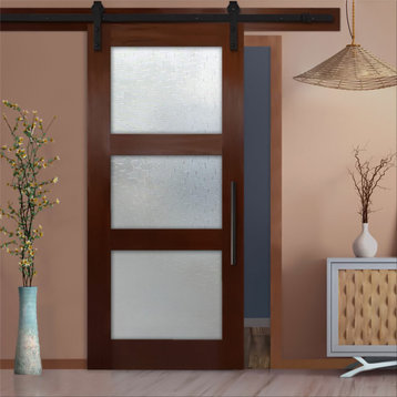 3 Lite Mahogany (Walnut Stain) Sliding Barn Door with Glass Insert, Clear Glass,