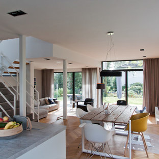 ケルンのコンテンポラリースタイルのLDKの画像 (白い壁、無垢フローリング、茶色い床)