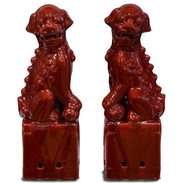 Dark Red Porcelain Chinese Foo Dog Set, Red