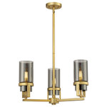 Innovations Lighting - Utopia 3 Light 8" Stem Hung Pendant, Brushed Brass, Plated Smoke Glass - Modern and geometric design elements give the Utopia Collection a striking presence. This gorgeous fixture features a sharply squared off frame, softened by a round glass holder that secures a cylindrical glass shade.