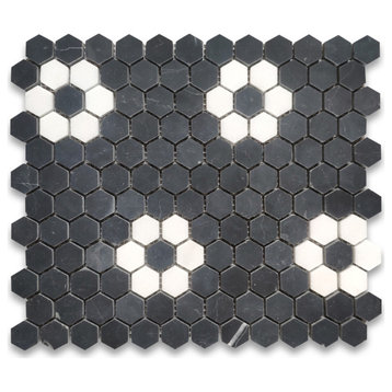 Nero Marquina Black Marble Rosette Hexagon Thassos White Flower Honed, 1 sheet