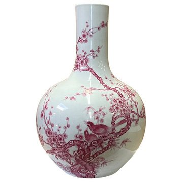 Chinese Porcelain Plum Red Flower Bird Fat Body Shape Vase Hws2559