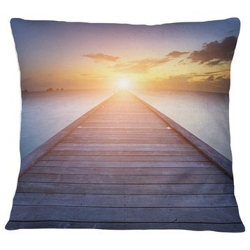 Wooden Pier to Bright Evening Sun Sea Bridge Throw Pillow, 16"x16"