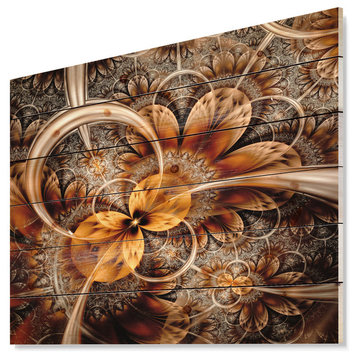 Designart Dark Orange Fractal Flower Abstract Wood Wall Art 46x36
