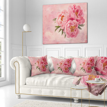 Peony Flowers in Vase On Pink Floral Throw Pillow, 16"x16"
