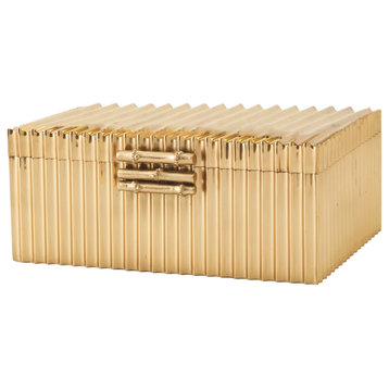 Luxe Ribbed Gold Metal Decorative Box Bamboo Handle 12" Solid Brass Shiny